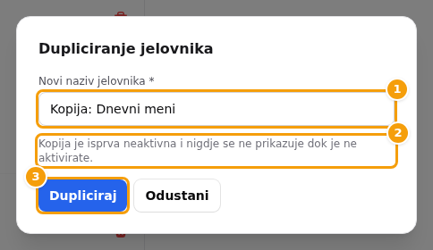 Prozor Dupliciranje jelovnika: Novi naziv jelovnika (1), napomena da kopija počinje kao neaktivna (2) i Dupliciraj (3)