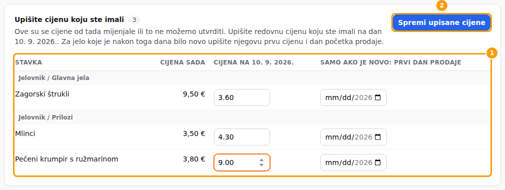 Upišite cijenu koju ste imali: cijena na referentni dan (1) i Spremi upisane cijene (2)