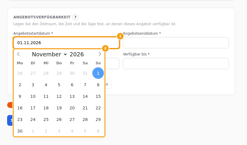 Ein Klick ins Datumsfeld öffnet den Kalender: das Feld (1) und der Kalender (2)