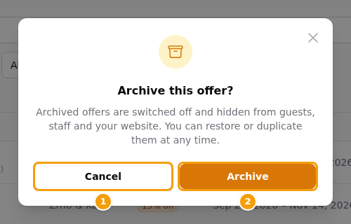 The window that asks Archive this offer?: Cancel (1) and Archive (2)