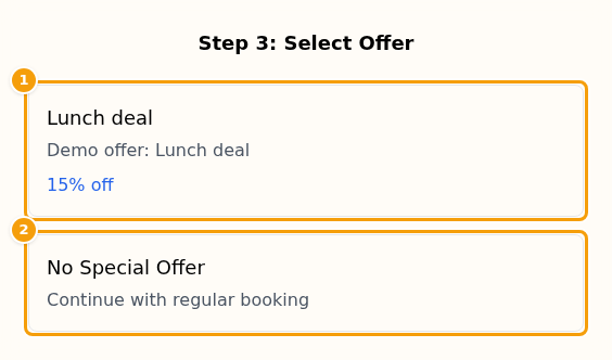 The offer step of the booking form: an offer (1) and the card for booking without an offer (2)
