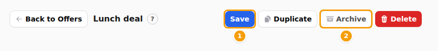 An open offer with a change that is not saved: Save (1) is active and Archive (2) is greyed out