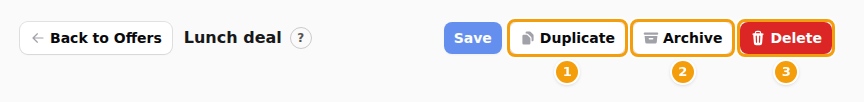 The top bar of an open offer: Duplicate (1), Archive (2) and Delete (3)