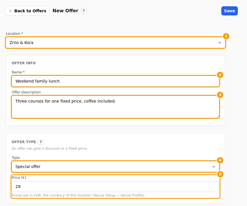 The top of the form: Location (1), Name (2), Offer Description (3), Type (4) and the price box with its note about the currency (5)