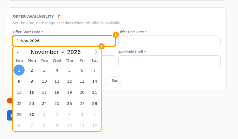 A click in the date box opens the calendar: the box (1) and the calendar (2)