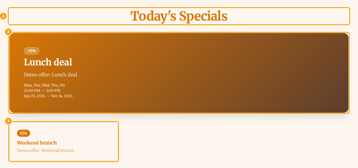 The Offers section on a website: the title (1), the first offer shown big (2) and another offer as a small card (3)