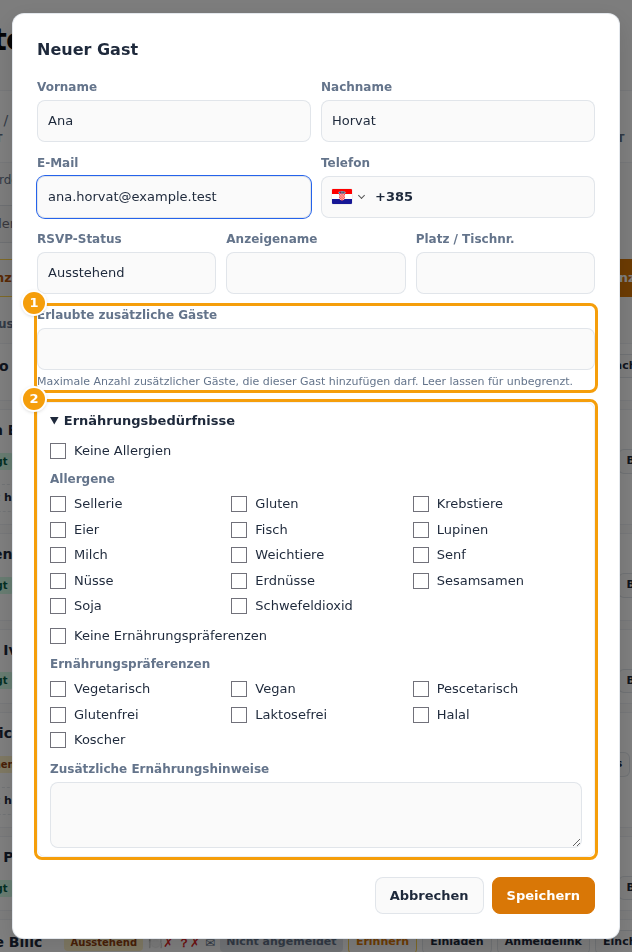 Das Fenster für einen neuen Gast: erlaubte zusätzliche Gäste (1) und Ernährungsbedürfnisse (2)