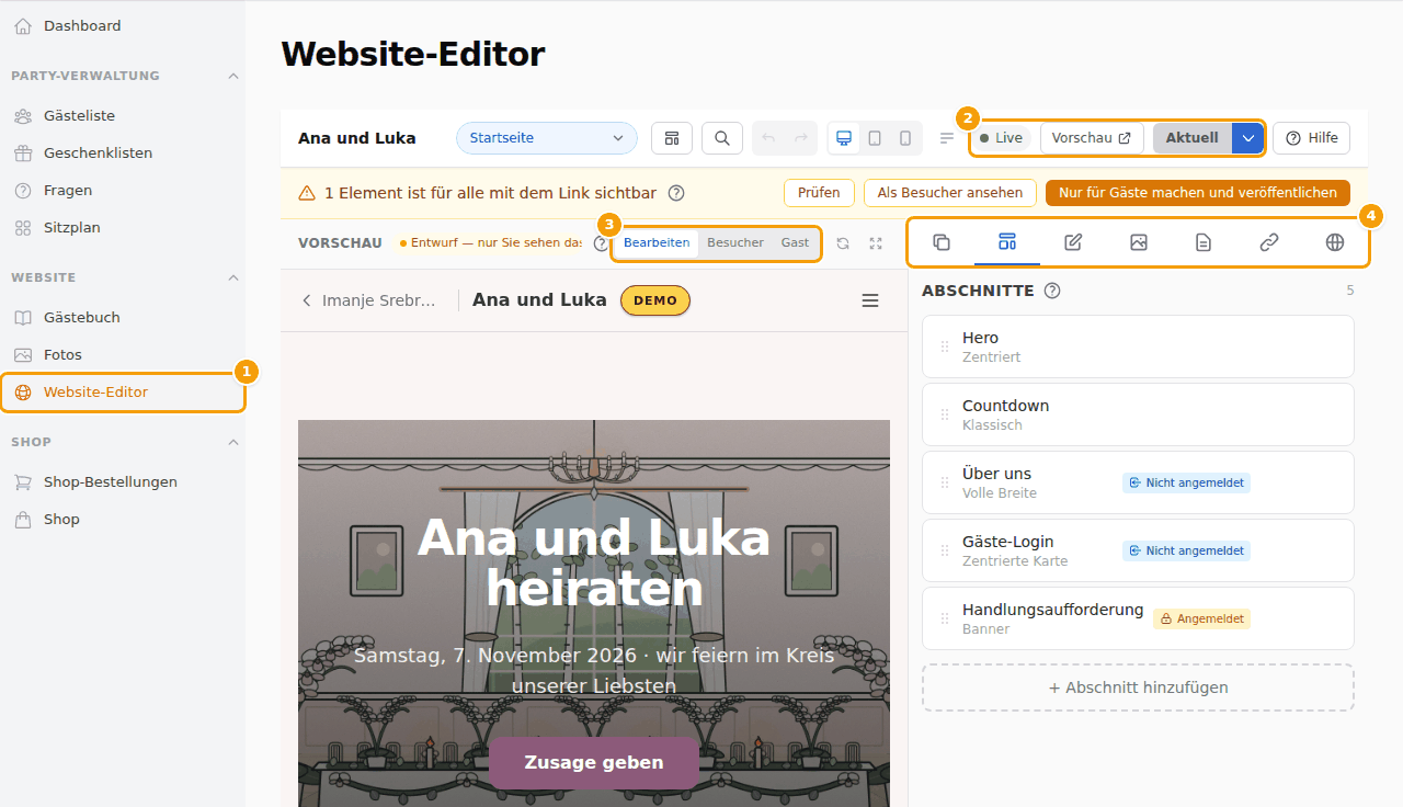 Der Website-Editor: sein Platz im Menü (1), der Veröffentlichungsbereich (2), die Vorschau für Besucher und Gäste (3) und die Tabs (4)