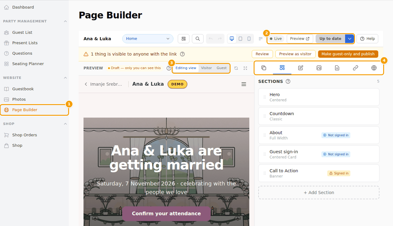 The Page Builder: its place in the menu (1), the publish area (2), the preview for visitors and guests (3) and the tabs (4)