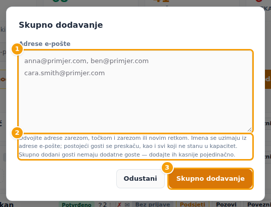 Prozor za skupno dodavanje: adrese (1), napomena (2) i gumb (3)