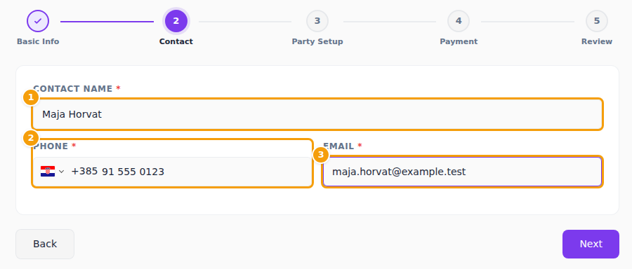 Contact Name (1), Phone (2) and Email (3)