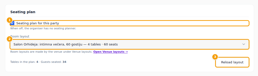 The seating plan switch (1), the room layout (2) and Reload layout (3)