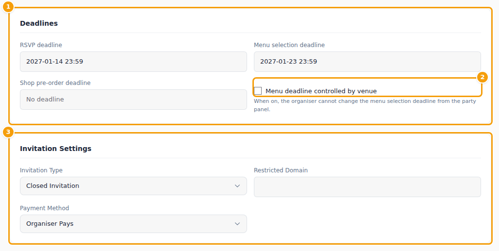 Deadlines (1), the venue-locked menu deadline (2) and Invitation Settings (3)
