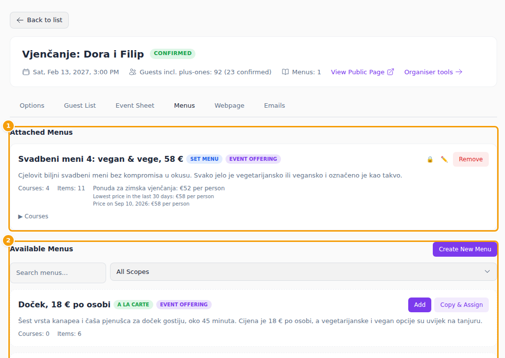 Attached menus (1) and available menus (2)