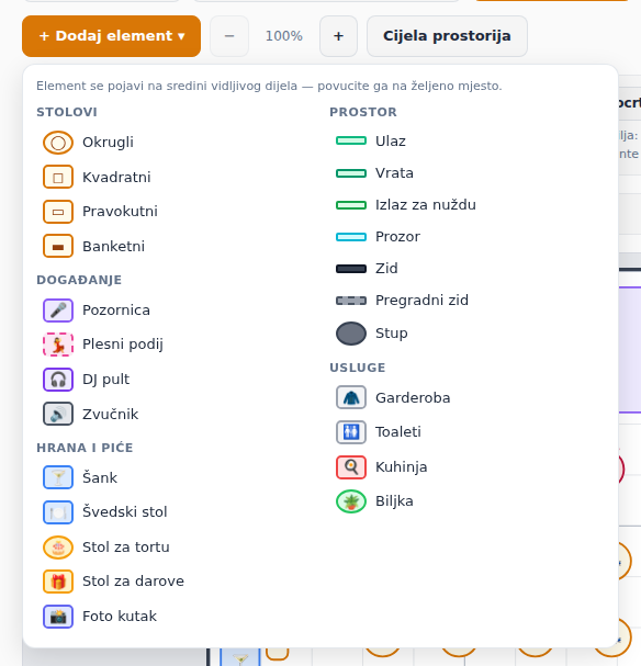 Izbornik Dodaj element: stolovi, događanje, hrana i piće, prostor i usluge
