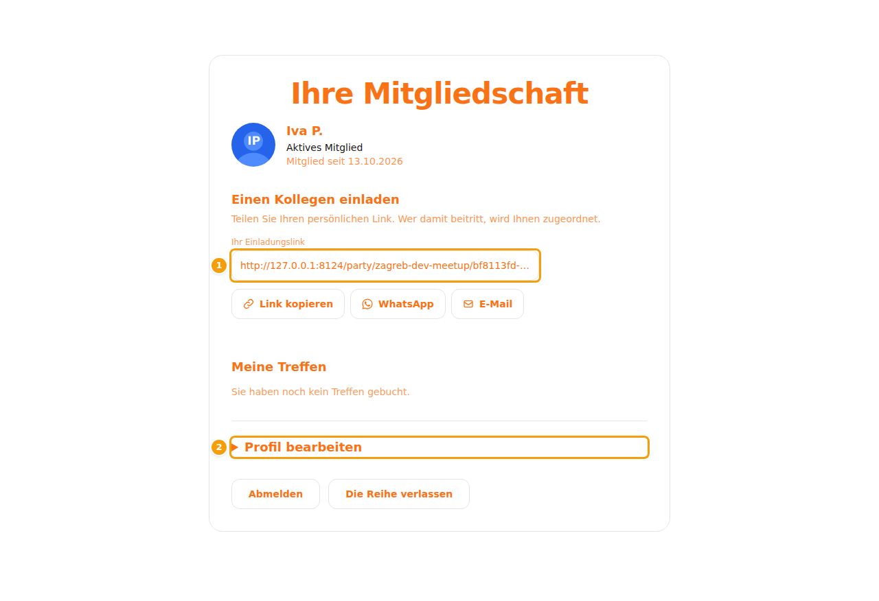 Der Einladungslink (1) und Profil bearbeiten (2) auf der Mitgliedskarte