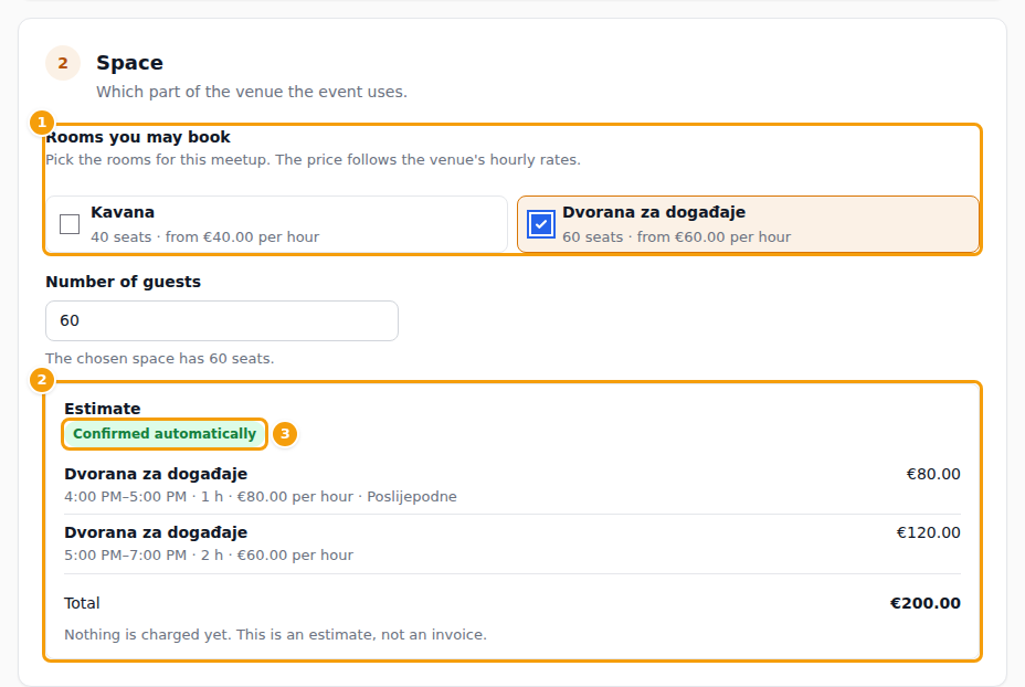 The organiser's meetup form: the rooms to choose (1), the estimate (2) and the badge (3)