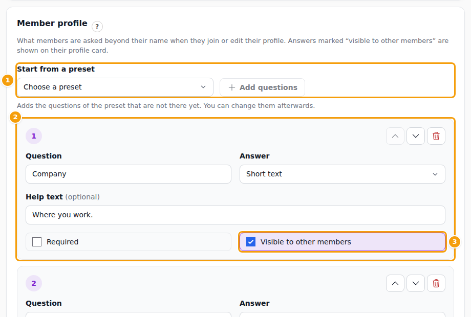 The set (1), a question (2) and "Visible to other members" (3)