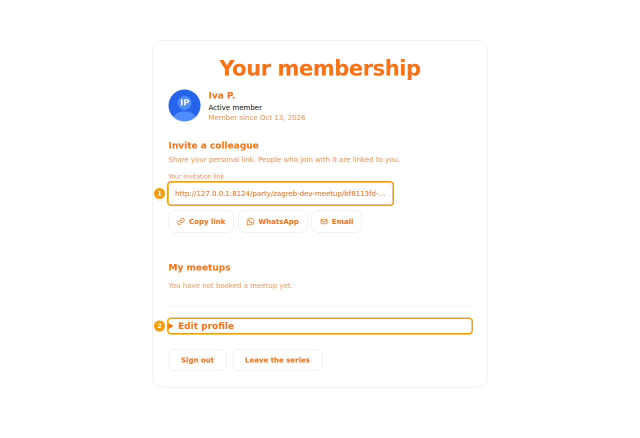 The invitation link (1) and Edit profile (2) on the membership card