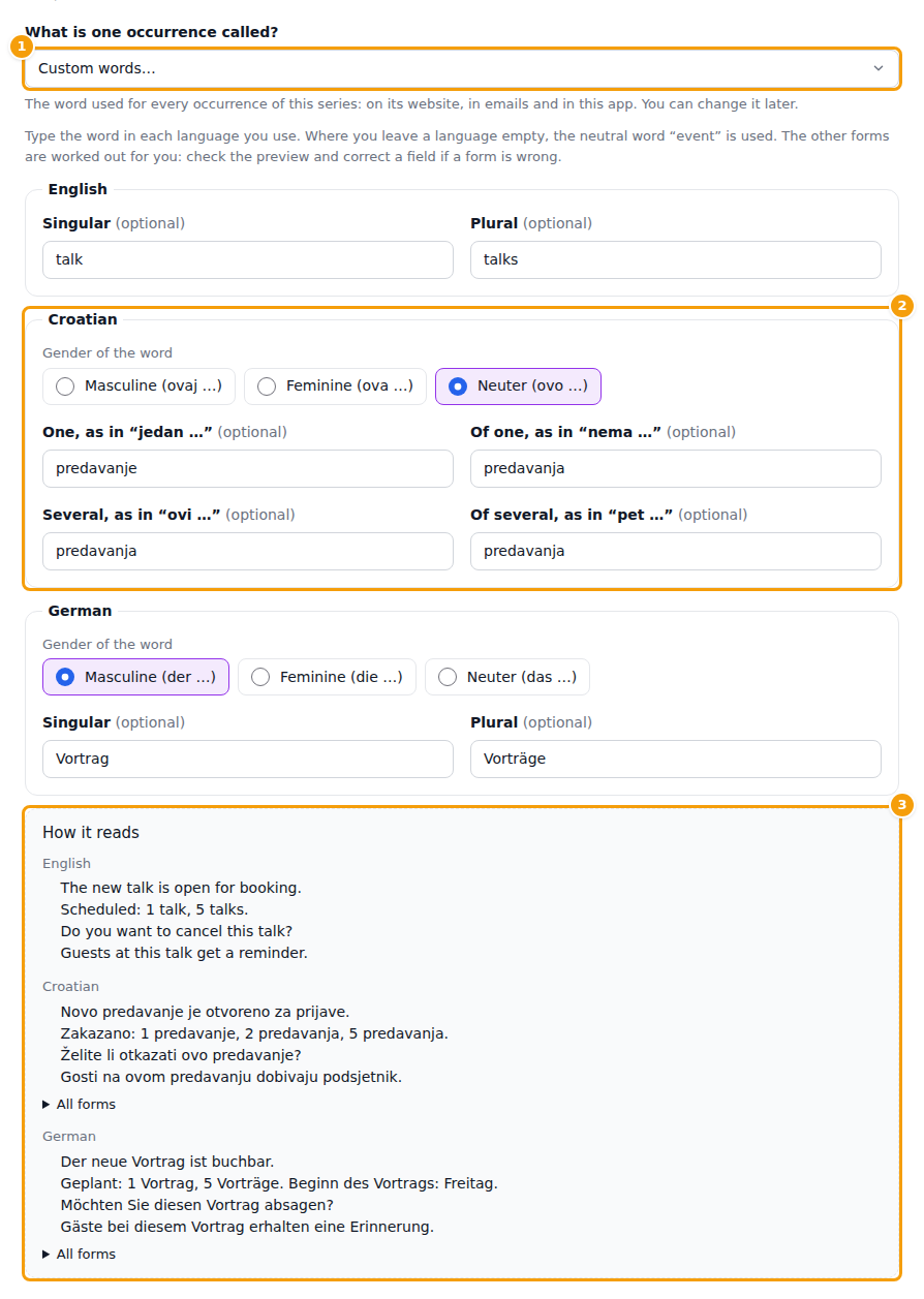 Custom words (1), the Croatian forms (2) and how they read (3)