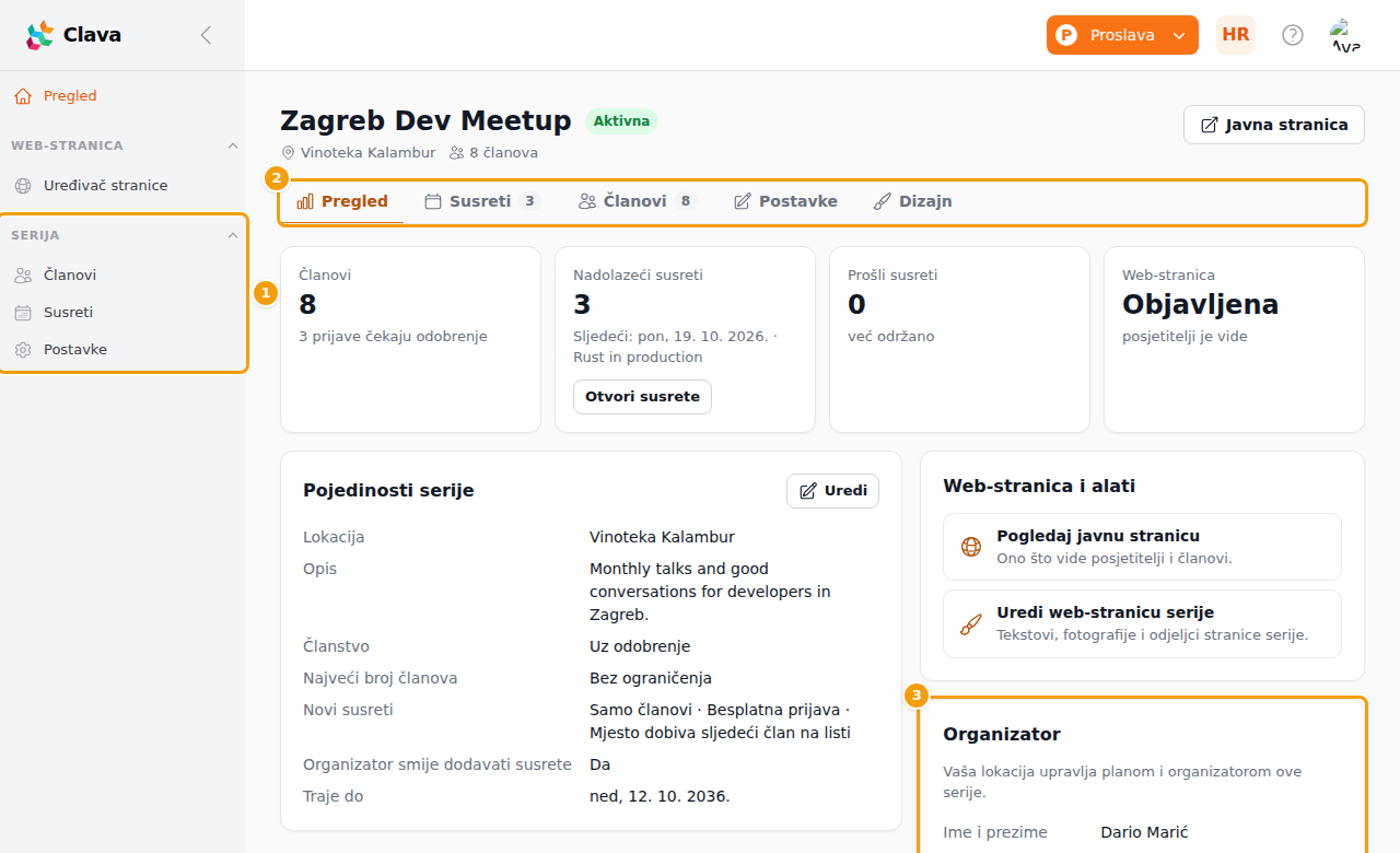 Izbornik Serija (1), kartice (2) i kartica Organizator (3) u organizatorovu području