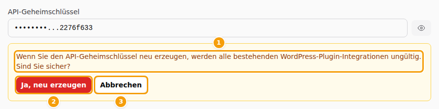 Die Frage vor dem Erzeugen eines neuen Schlüssels: die Warnung (1), Ja, neu erzeugen (2) und Abbrechen (3)