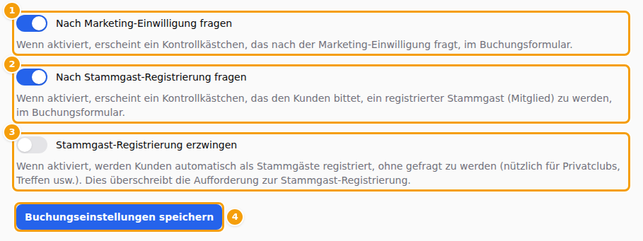 Die drei Schalter (1) (2) (3) und Buchungseinstellungen speichern (4)