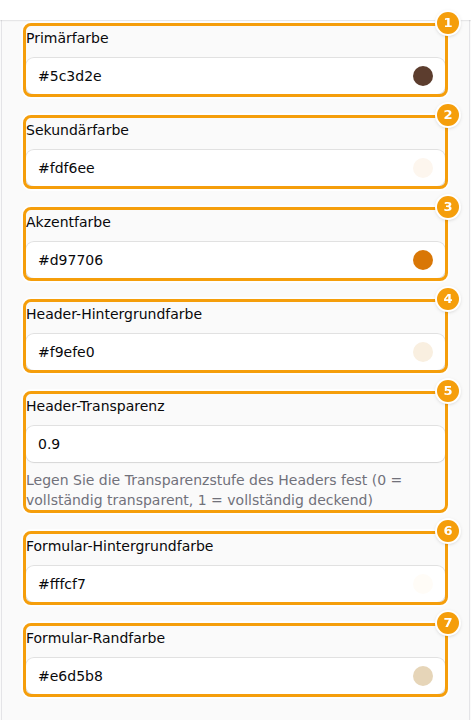 Die sechs Farbfelder und die Header-Transparenz, nummeriert von (1) bis (7)