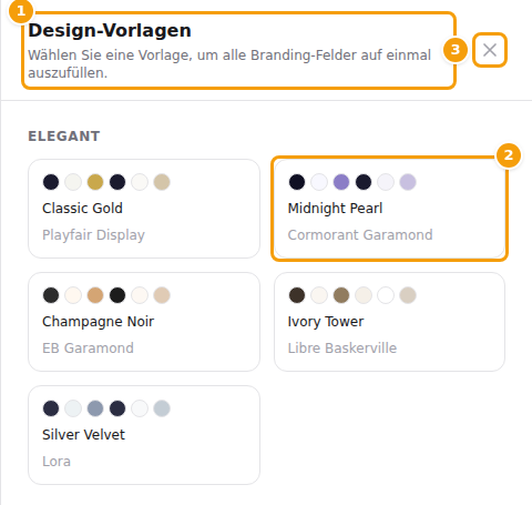 Das Fenster Design-Vorlagen: der Titel (1), ein Look (2) und die Schaltfläche zum Schließen (3)