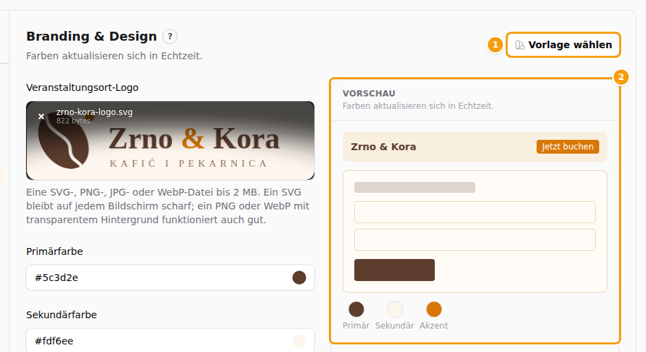 Vorlage wählen (1) und die Vorschau (2)