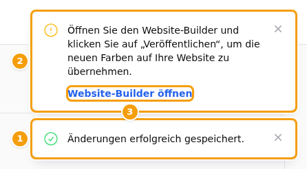 Die grüne Meldung (1), die gelbe Erinnerung (2) und ihre Schaltfläche Website-Builder öffnen (3)