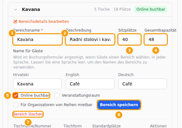 Bereichsdetails bearbeiten: Bereichsname (1), Beschreibung (2), Sitzplätze (3), Gesamtkapazität (4), Online buchbar (5), Bereich speichern (6) und Bereich löschen (7)