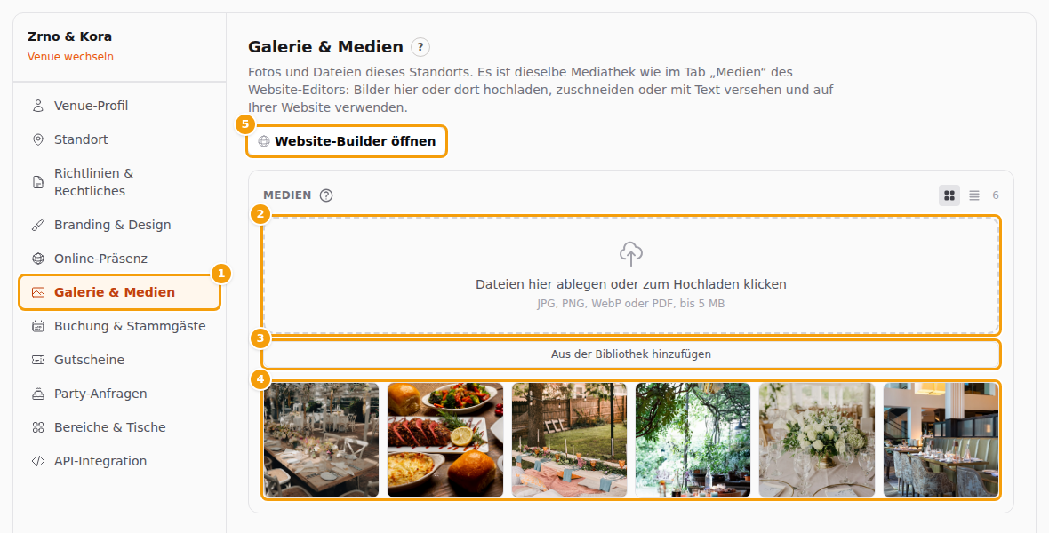 Die Registerkarte Galerie & Medien (1): das Upload-Feld (2), Aus der Bibliothek hinzufügen (3), Ihre Fotos (4) und Website-Builder öffnen (5)