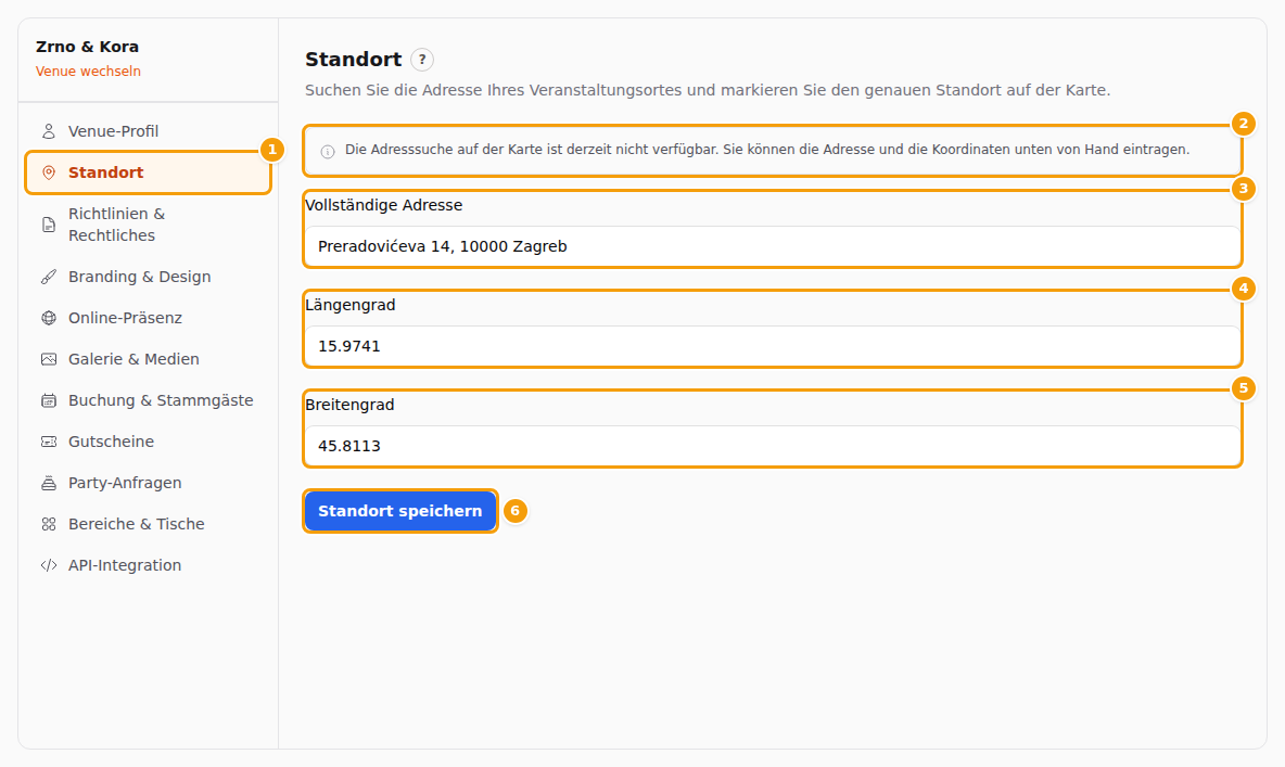 Die Registerkarte Standort, wenn die Adresssuche nicht verfügbar ist: die Registerkarte (1), der graue Hinweis (2), Vollständige Adresse (3), Längengrad (4), Breitengrad (5) und Standort speichern (6)