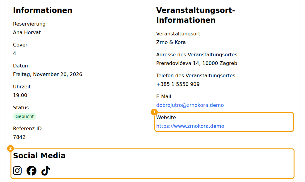 Die Seite Buchungsdetails: die Zeile Website (1) und die Symbole im Block Social Media (2)
