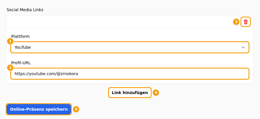 Eine Zeile mit Social-Media-Links: Plattform (1), Profil-URL (2), das Papierkorb-Symbol, das die Zeile entfernt (3), Link hinzufügen (4) und Online-Präsenz speichern (5)