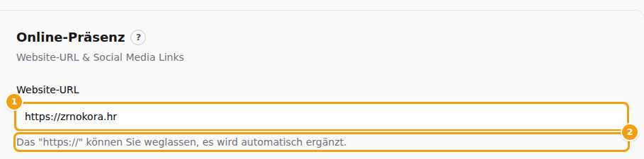 Website-URL nach der Eingabe von zrnokora.hr und einem Klick außerhalb des Feldes: Die Adresse ist jetzt vollständig (1), darunter steht der Hinweis (2)
