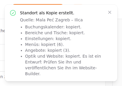 Die Meldung nach dem Anlegen einer Kopie: eine Zeile für jeden kopierten Teil, mit einem Hinweis, wo etwas Ihre Aufmerksamkeit braucht