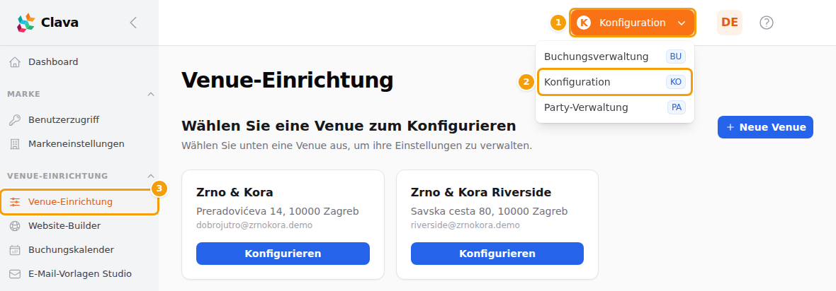 Die orangefarbene Bereichsschaltfläche (1), Konfiguration in ihrer Liste (2) und Standort-Einrichtung im Menü (3)