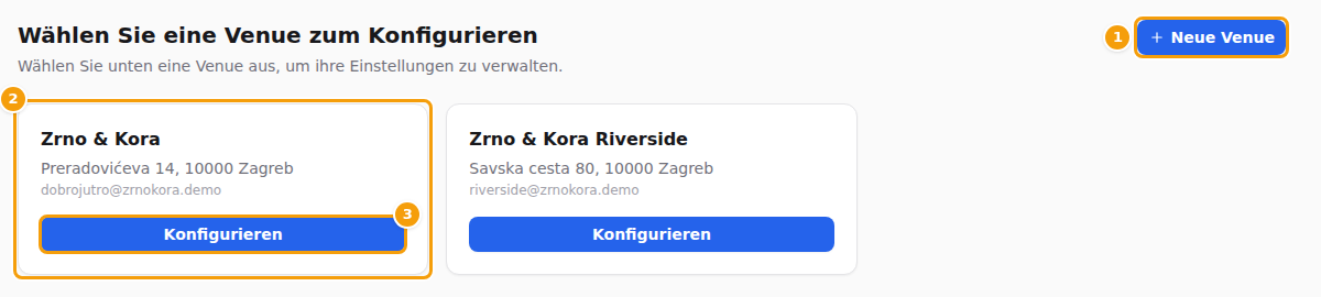 Die Liste der Venues: Neuer Standort (1), eine Venue-Kachel (2) und ihre Schaltfläche Konfigurieren (3)