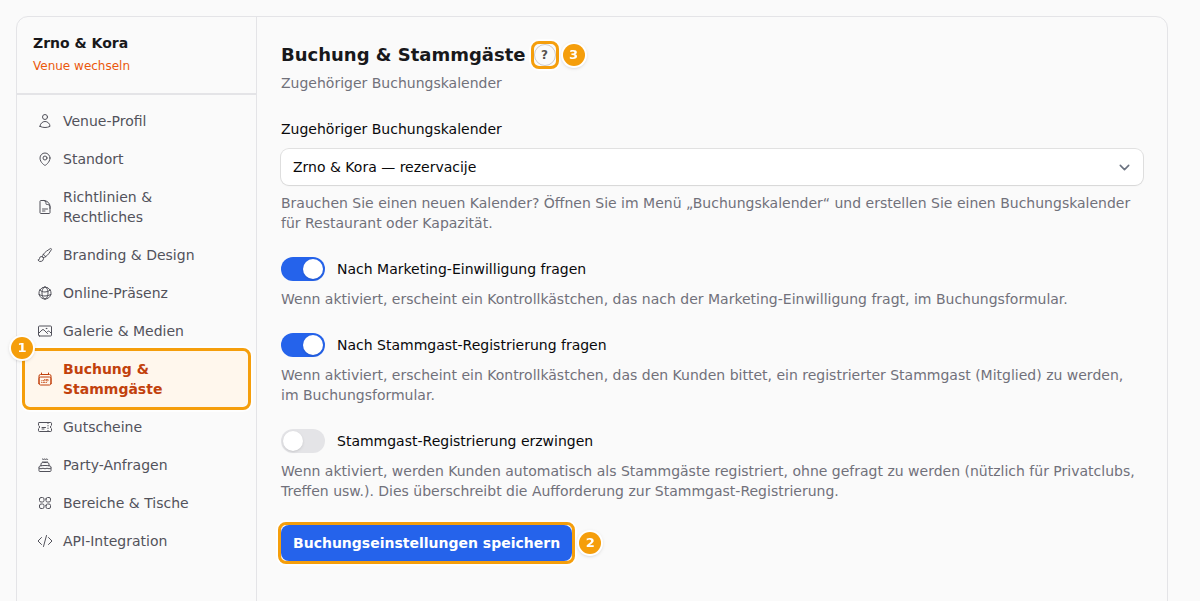 Die Registerkarte, auf der Sie sind (1), ihre eigene Speichern-Schaltfläche (2) und die kleine runde Hilfe-Schaltfläche neben ihrem Namen (3)