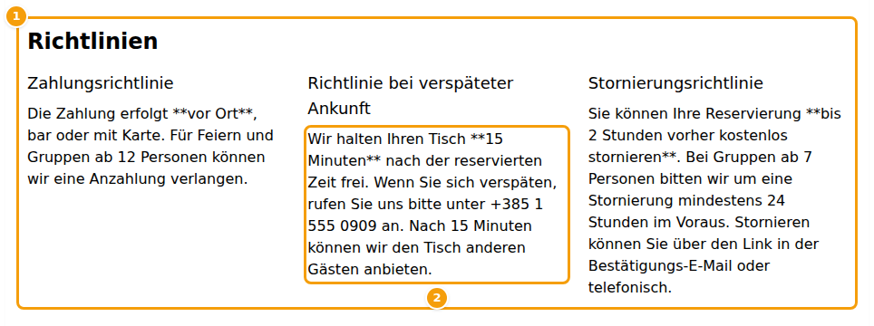 Die Buchungsseite des Gastes: der Block Richtlinien mit den drei Texten (1) und ein Text, in dem die Sternchen noch zu sehen sind (2)
