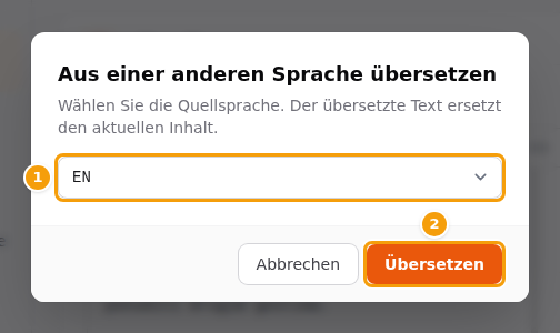 Das Fenster Aus einer anderen Sprache übersetzen (Schaltfläche Übersetzen aus…): die Sprache, aus der übersetzt wird (1), und die Schaltfläche Übersetzen (2)