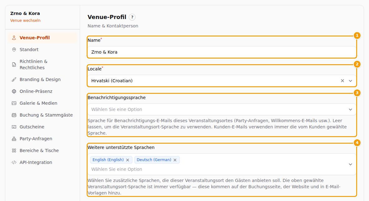 Die Registerkarte Standort-Profil: Name (1), Locale (2), Benachrichtigungssprache (3) und Weitere unterstützte Sprachen (4)