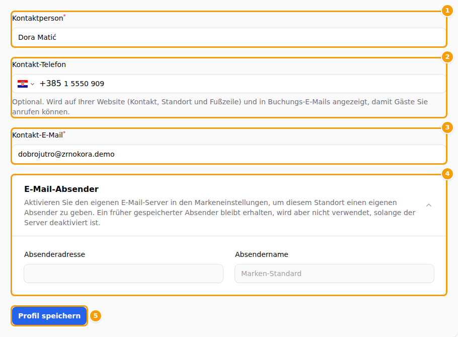 Kontaktperson (1), Kontakt-Telefon (2), Kontakt-E-Mail (3), E-Mail-Absender (4) und Profil speichern (5)