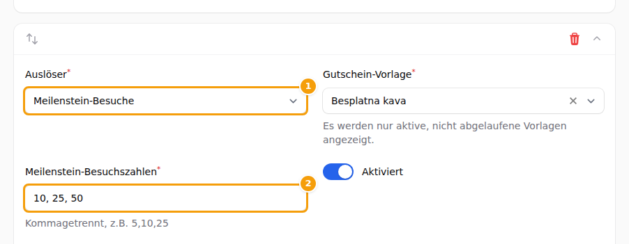 Der Auslöser Meilenstein-Besuche (1) und seine Liste der Besuchszahlen (2)