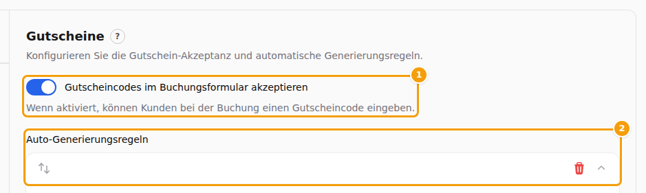 Der Schalter Gutscheincodes im Buchungsformular akzeptieren (1) und die Liste Auto-Generierungsregeln (2)