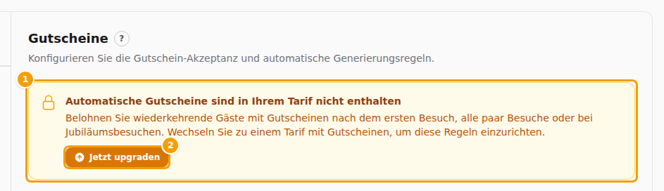 Ein Tarif ohne Gutscheine: die gelbe Box (1) und die Schaltfläche Jetzt upgraden (2)