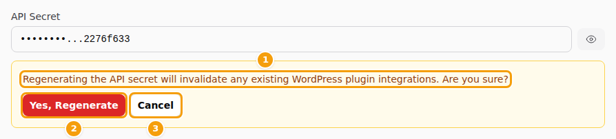 The question before a new key is made: the warning (1), Yes, Regenerate (2) and Cancel (3)