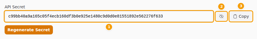 The key shown in full (1), the eye button (2) and Copy (3)